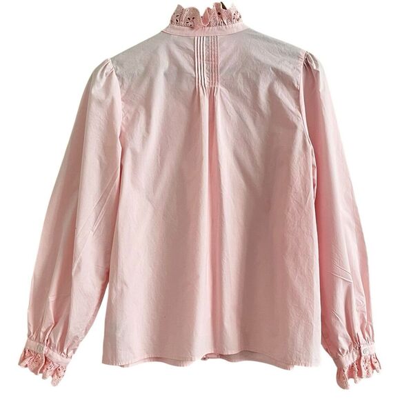 Pink Ruffled Lace Trim Button Front Blouse M Cottagecore Edwardian Romantic Top - Picture 2 of 9